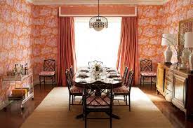 Pink buffets, sideboards & china cabinets. Orange Curtains Eclectic Dining Room Diane Bergeron Interiors