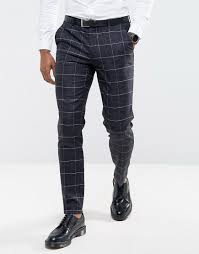 Asos Wedding Super Skinny Suit Pants In Navy Windowpane Check With Nep Mens Pants Fashion Skinny Dress Pants Men Mens Outfits