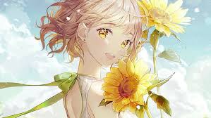 Her shirt is tucked into a plain black skirt that flares out above the knee. Hd Wallpaper Cute Blonde Hair Anime Girl Anime Art Sunflower Sky Wallpaper Flare