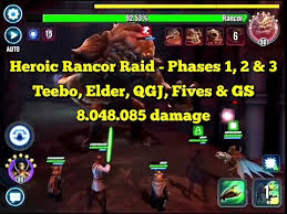 If there is anyone in the guild who wants to move up in the ranking or just wants to do more damage you need the right team, mods and basic strategy. Star Wars Galaxy Of Heroes Heroic Rancor Raid Teebo Elder Gs Fives Qgj 8 048 085 Damage By Quim Lc