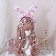 Easter bunny white rabbit ears on black background. Fairy Kei Lolita Bunny Ear Headband Harajuku Decora Kawaii Babe