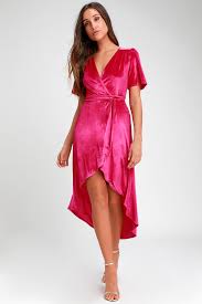 Amour Hot Pink Velvet High Low Wrap Dress Hot Pink Dresses Hot Pink Midi Dress Pink Velvet Dress
