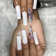Acrylic Black And Clear Nails White And Clear Coffin Acrylic Nails W Blue Butterfly Glitter Coffinnail White Acrylic Nails Pretty Acrylic Nails Long Acrylic Nails