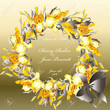 Couronne à la crème à l'eau de fleur d'oranger. Carte De Mariage Avec Or Orange Iris Fleur Jaune Couronne Sur Fond D Argent Iris Bouquet Dessine A La Main Illustration Vectorielle Conception De Cercle Imprimable Sur Fond Carre Enregistrez La Date D Ajout