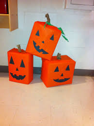 Cardboard Boxes Made Into Pumpkins Fall Classroom Decorations Halloween Crafts For Kids Halloween Classroom