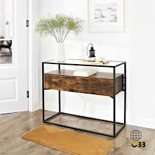 Industrial Console Table Tempered Glass Table With 2 Drawers And Rustic Shelf Industrial Console Tables Glass Console Table Industrial Style Table