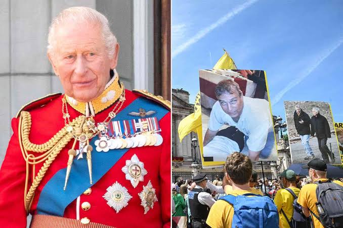 Protestors Hold Photos of Ex-Prince Andrew with Epstein at King's Birthday Parade