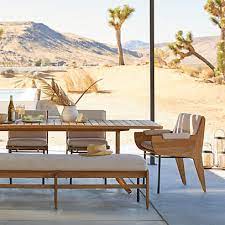 This diy truss beam farmhouse style outdoor table and benches are perfect for dining and entertaining on a deck or patio! Kinney Teak Outdoor Dining Table Bench Chair And Armchair Crate And Barrel