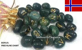 25pc Norse Emerald Jasper Viking Rune Stones Set With Chart And Pouch