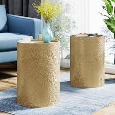 Zadie Gold Drum End Table Set Rom Sleek Elegant Decor To Industrial Influences This Gold Drum End Table S In 2020 Iron Accent Table End Table Sets Accent Table Sets