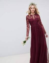 Asos Design Long Sleeve Bridesmaid Embroidered Dress Burgundy Myonewedding Co Uk Long Sleeve Bridesmaid Dress Long Sleeve Maxi Dress Long Sleeve Maxi