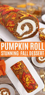 Pumpkin Roll Fall Dessert This Patterned Pumpkin Roll With A Gorgeous Autumn Leaf Decoration Will Pumpkin Roll Recipe Easy Pumpkin Roll Pumpkin Rolls Recipe