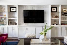 Gray Trellis Wallpaper On Back Of Built Ins Transitional Living Room Contemporary Family Rooms Living Room Wall Units Living Room Built Ins