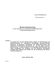 Ein fahrtkostenzuschuss hat vorteile für arbeitgeber und arbeitnehmer. Muster Arbeitsvertrag Deutscher Anwaltverein