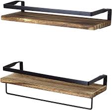 As an amazon associate i earn from qualifying purchases. Amazon Com Peter S Goods Rustic Floating Wall Shelves With Rails Decorative Storage For Kitchen Bathroom And Bedroom Elegant Modern Shelving Torched Paulownia Wood Matte Black Metal Frame Set Of