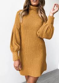 Solid Knitted Turtleneck Lantern Sleeve Mini Dress Yellow In 2020 Sweater Dress Casual Sweater Dress Women Sweater Dress