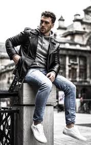 Fall Combo Inspiration With A Black Leather Jacket Gray Hooded Sweater Light Wash Blue Mens Fashion Suits Casual Mens Fashion Casual Mens Fashion Casual Winter