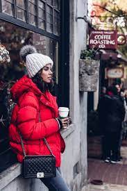 Casual Outfit Red Puffer Jacket Pom Pom Hat Winter Outfits Warm Winter Outfits Warm Casual Winter Outfits