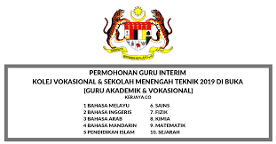 Jawatan yang ditawarkan ialah guru interim pelbagai subjek di sekolah kebangsaan (sk) dan sekolah jenis kebangsaan cina (sjkc) seluruh malaysia. Iklan Permohonan Guru Interim Kolej Vokasional Sekolah Menengah Teknik 2019 Di Buka Guru Akademik Vokasional Kerja Kosong Kerajaan