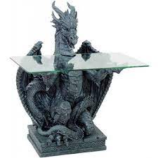 Cast resin table is reinforced with wood and fiberglass with a beveled glass top. Dragon Gray Sculptural Dragon Table With Glass Top 33 5 Inches