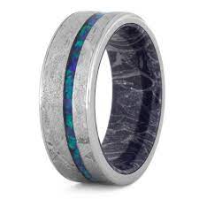 Crushed Opal Men S Wedding Band Meteorite Ring With Mokume Sleeve 3558 Blue Wedding Rings Meteorite Ring Mens Wedding Rings