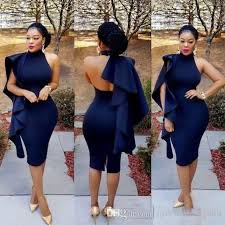Navy Blue Cocktail Dresses Knee Length Stylish African Women Formal Prom Party Wear High Neck Ruffles Short Evening African Fashion Fashion Cocktail Dress Prom