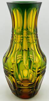 Art Deco Green Cut To Amber Glass Vase