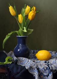 Still Life Image Yellow Tulips In Vase Lemon Blue Still Life Images Still Life Photography Still Life
