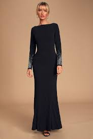 Lulus Absolutely Perfect Black Rhinestone Backless Maxi Dress Size Medium 100 Polyester Black Long Sleeve Dress Black Tie Event Dresses Lulu Black Dress