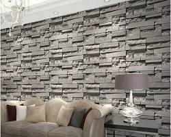 Image of Modern rustic living room with 3D weathered grey brick wallpaper