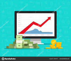 computer with stocks graphs and money vector illustration