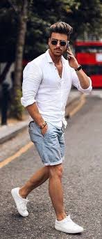 How To Wear White Dress Shirt Light Blue Denim Shorts White Leather Low Top Sneakers Black Sungl Stylish Men Casual Mens Casual Outfits Mens Shorts Outfits