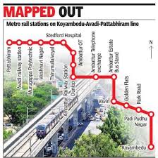 Streets of Chennai -  Koyambedu-Avadi Metro DPR nearing completion,  extension to Pattabiram under study Pattabiram's PHPD traffic hits 12,000  passengers/hour, meeting ideal standards. Koyambedu-Avadi alignment is 16.1  km, extending to 20
