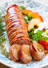 Bacon Wrapped Pork Tenderloin Stuffed With Apples Onions And Herbs Fancy Enough For A Din Tenderloin Recipes Stuffed Pork Tenderloin Pork Tenderloin Recipes