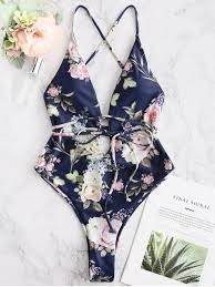 Zaful Flower Cross Cross Backless Swimsuit Deep Blue Light Brown Mauve Backless Swimsuit Swimsuits Women S One Piece Swimsuits