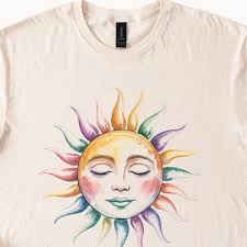 Boho rainbow sun face graphic t shirt with closed eyes spiritual celestial  art design mystical astrology inspired unisex soft cotton tee