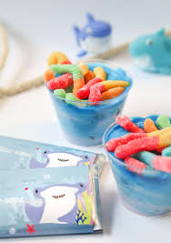 Birthday Party Snack Ideas Little Shark Party Ideas Shark Bait Pudding Cups Personalized Baby Shark Hershey S Bars Shark Birthday Party Shark Birthday Toddler Birthday Party