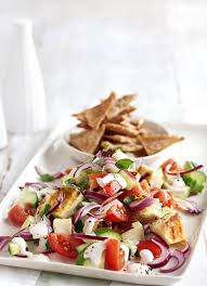 Halloumi Salad With Houmous Dressing And Pitta Crisps Recipe Halloumi Salad Halloumi Bbc Good Food Recipes