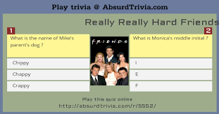Quiz yourself with questions about friends' characters ross, rachel, chandler, monica, joey and phoebe. Really Really Hard Friends Trivia