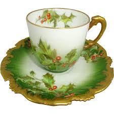 Antique Limoges France Cup Saucer Christmas Holly Berries T V Limoges Teacup Features The Ever Popular Holly Pattern Tea Cups Christmas Tea Antique Tea Cups