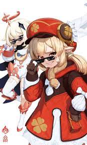 monologue (tfrksg), klee (genshin impact), paimon (genshin impact), genshin  impact, platinum blonde hair, white legwear, commentary request, highres,  2girls, adjusting eyewear, adjusting glasses, blonde hair, blue eyes, deal  with it (meme), grin, halo, hand 