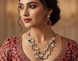 Conjunto de colares RUBINA com acabamento dourado e cor verde, pedras  duplas, sem cortes, Polki Kundan, joias de casamento, Sabyasachi, colar e  brincos verde esmeralda