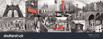 Black And White Collage Photo Black And White City With Red Elements Collage Paris London New York Panorama For Glass Panels High Quali Panorama City Black And White City Stock Photos