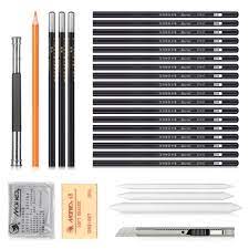 Dowswin 18 Pieces Pen Charcoal Sketch Set Sketching Pencil Set Of Pencils Eraser Craft Knife Pencil Extender Roll Up Pencil Eraser Drawing Set Graphite Pencils