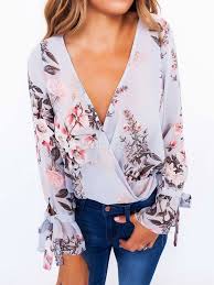 Light Blue Blouses V Neck Long Sleeve Chiffon Floral Print Bows Top For Women Milanoo Com