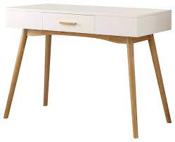 This wide desk features two drawers built into its front with carved, arched notch handles. Modern Laptop Writing Desk In White With Natural Mid Century Style Legs Midcentury Desks And Hutches By Hilton Furnitures Houzz