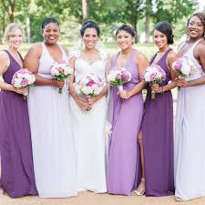 These Beautiful Bridesmaids In Iris Plum And Wisteria Exclusive David S Bridal Bridesmaid Colors Angi Bridesmaid Bridesmaid Dressing Gowns Bridesmaid Colors