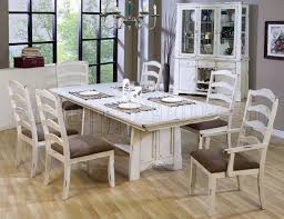 This country style dining table and chairs set for 6 is solid oak wood quality construction. Distressed Wash White Finish Country Style Dining Set