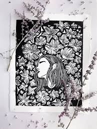 Fairy Girl Floral Linoleum Print Lavender Printmaking Botanical Linocut Linoleum Printmaking Lino Art Linocut Art
