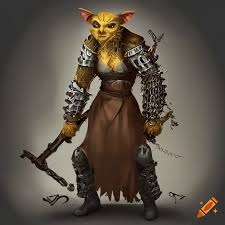 A female bugbear with brown hair, yellowish-brownish skin and yellow eyes.  she is 8 feet tall and wears a suit of chain mail armour. she carries a  maul on her back and